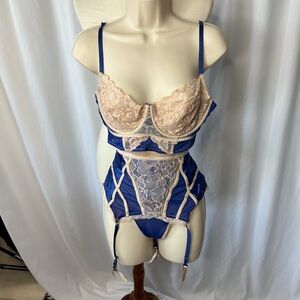 💙 iCollection Blue & Nude Lace Bustier Lingerie Set – XL | Garter + Thong